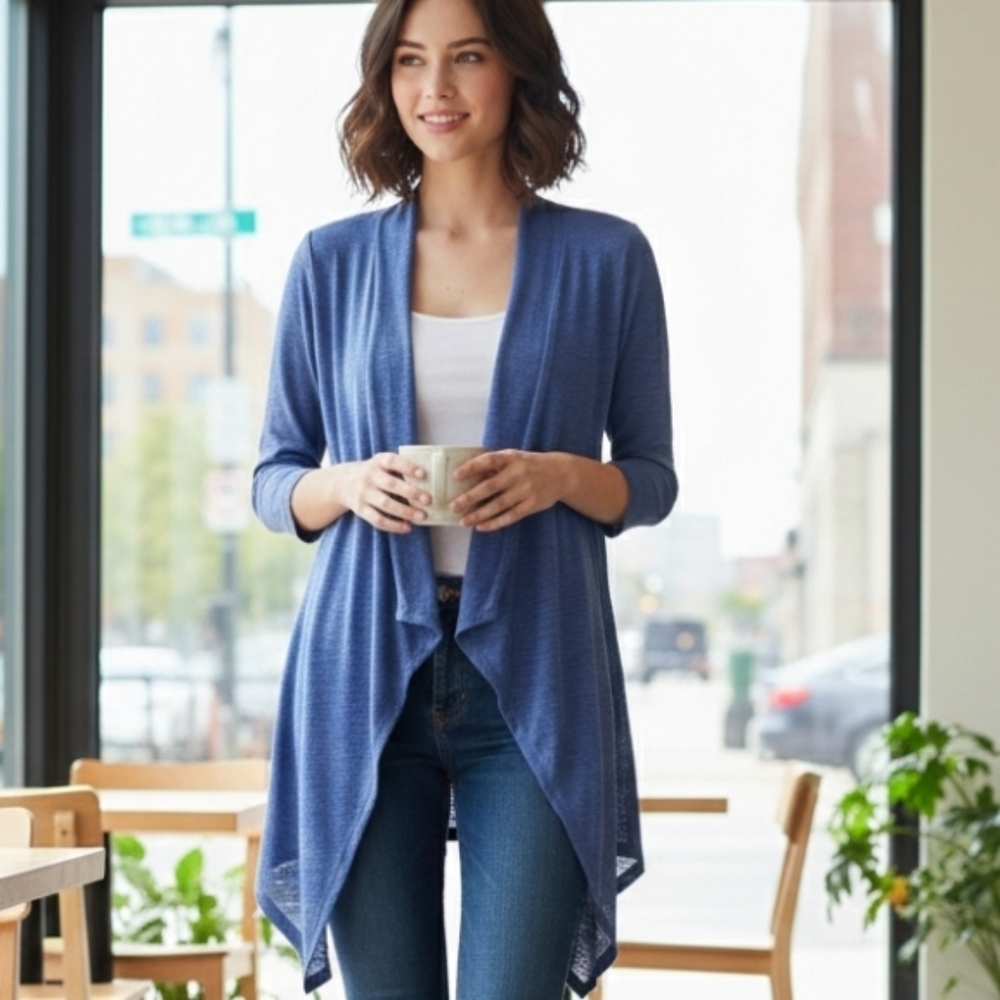 Clara Sunwoo Heathered Blue Open Front Draped Cardigan Size Large